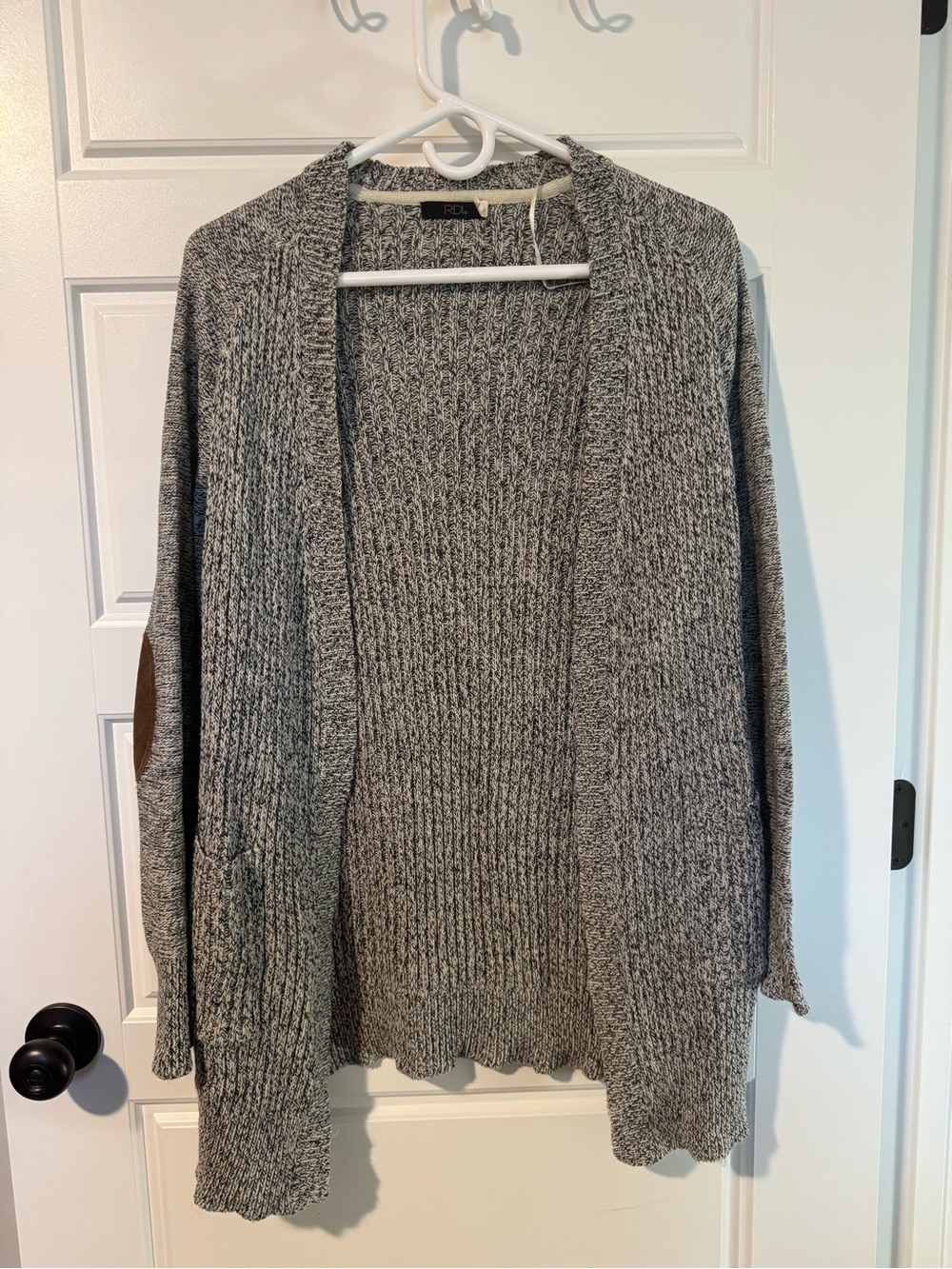 RDI Long Open Cardigan with Elbow Patches and Button Accents, Gray, Size Medium